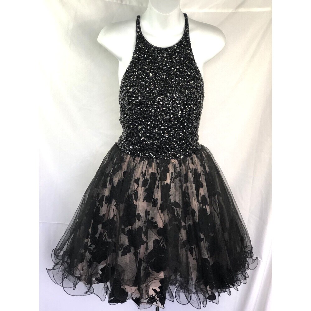 Jovani Sleeveless Formal Dress 4 Blk/Pnk Floral Beaded Halter Wired Full Skirt